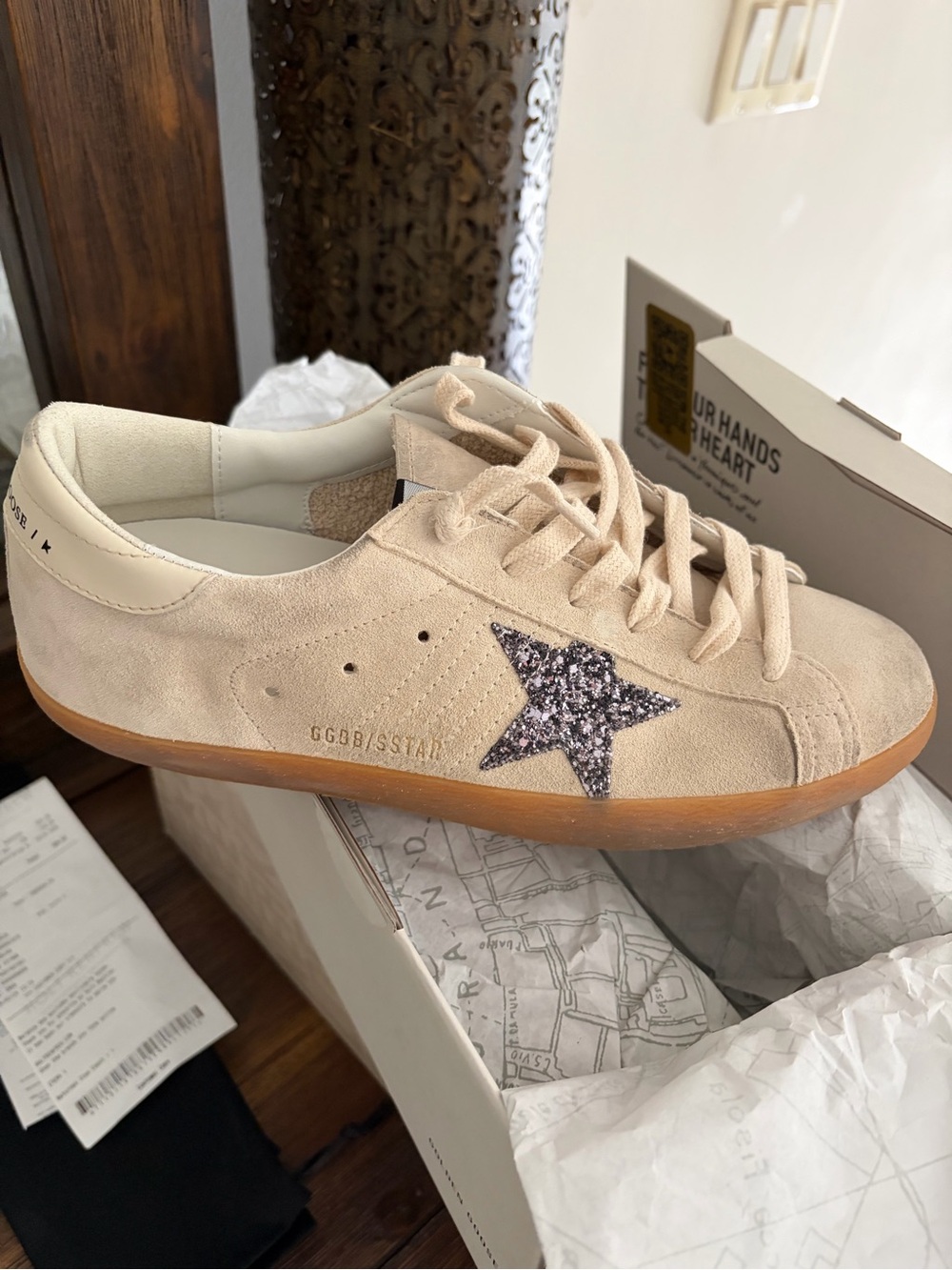 Golden Goose Beige Suede Sneakers with Glitter Star Accent